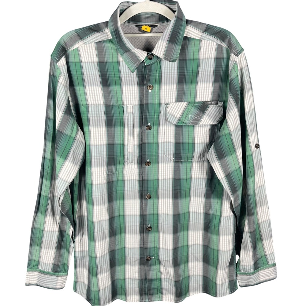 Eddie Bauer Travex Button Up Shirt Mens M Green Plaid Long Sleeve Vented Utility